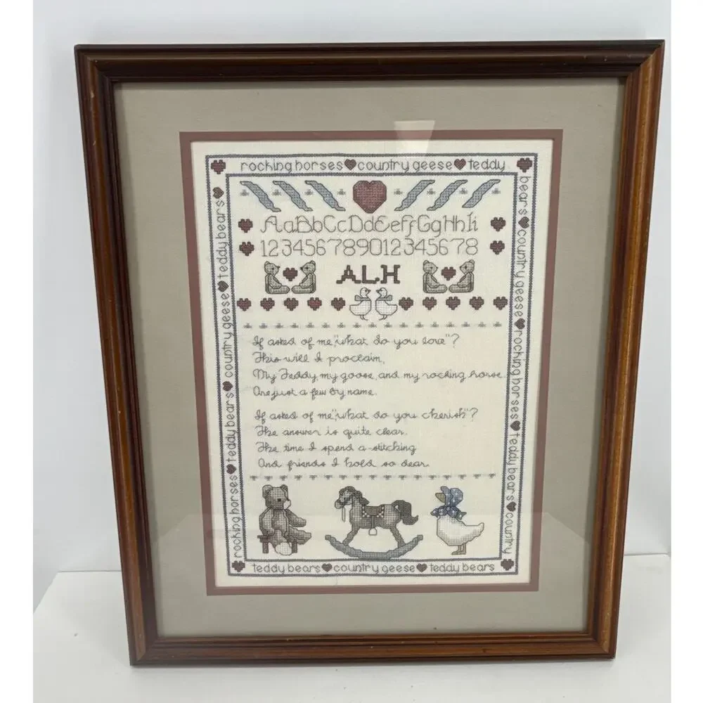 Hand Stitched Country Sampler Framed Cross Stitch Teddy Bear Rocking Horse Geese